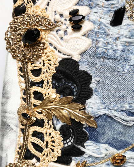 Dolce & Gabbana Blue Ripped Embellished Cotton Denim Jeans