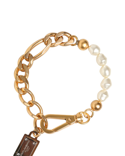 Dolce & Gabbana Gold Tone Brass Faux Pearl Logo Embellish Charm Bracelet