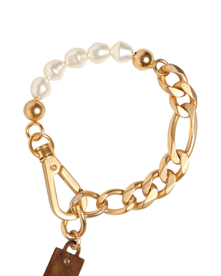 Dolce & Gabbana Gold Tone Brass Faux Pearl Logo Embellish Charm Bracelet