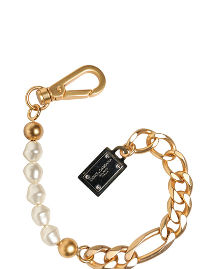 Dolce & Gabbana Gold Tone Brass Faux Pearl Logo Embellish Charm Bracelet