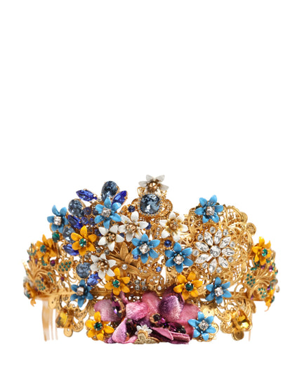 Dolce & Gabbana Gold Brass Crystal Floral Hortensia Crown Headband Tiara