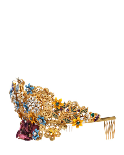 Dolce & Gabbana Gold Brass Crystal Floral Hortensia Crown Headband Tiara