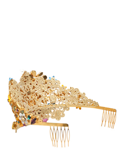 Dolce & Gabbana Gold Brass Crystal Floral Hortensia Crown Headband Tiara