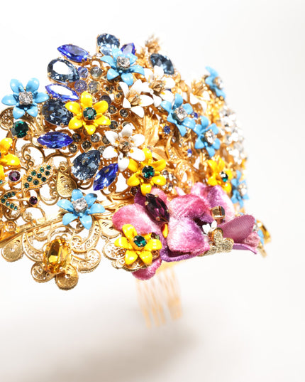 Dolce & Gabbana Gold Brass Crystal Floral Hortensia Crown Headband Tiara