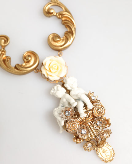 Dolce & Gabbana Gold Ceramic Crystal Cherub Baroque Pendant Necklace