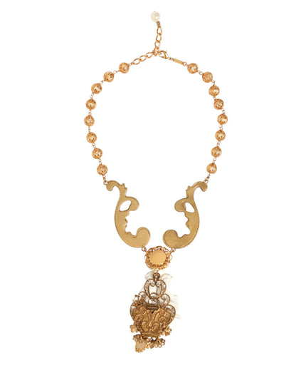 Dolce & Gabbana Gold Ceramic Crystal Cherub Baroque Pendant Necklace