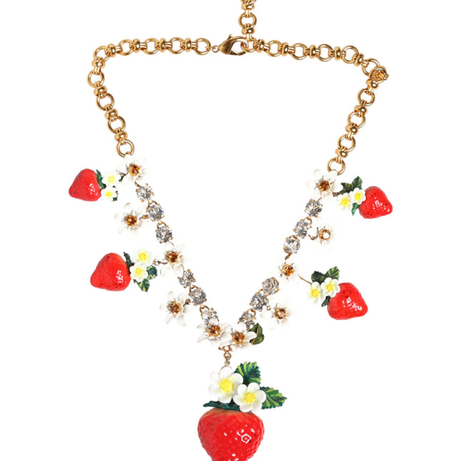 Dolce & Gabbana Gold Brass FRUIT Pendants Flowers Crystal Logo Necklace