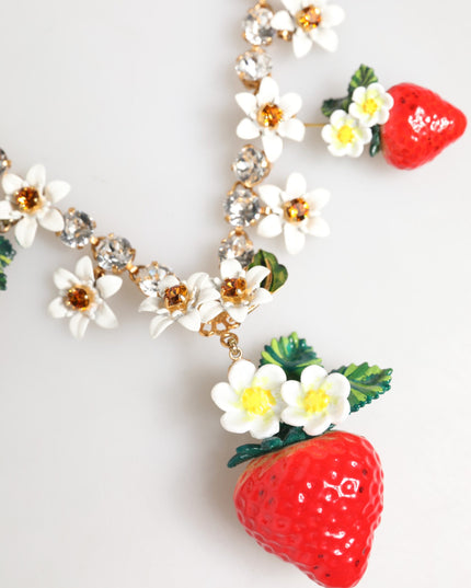 Dolce & Gabbana Gold Brass FRUIT Pendants Flowers Crystal Logo Necklace