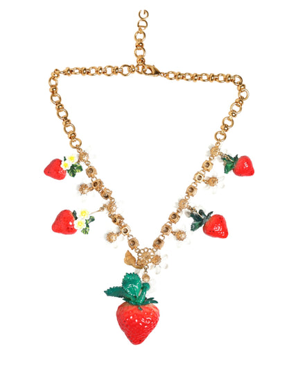 Dolce & Gabbana Gold Brass FRUIT Pendants Flowers Crystal Logo Necklace