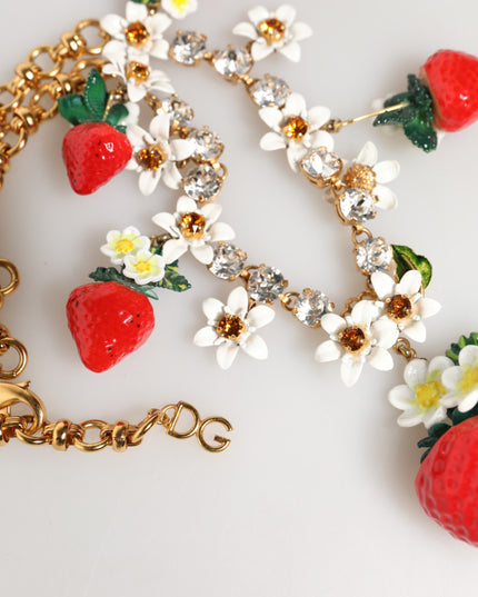 Dolce & Gabbana Gold Brass FRUIT Pendants Flowers Crystal Logo Necklace