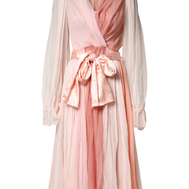 Dolce & Gabbana Pink Silk Tulle Long Sleeve V-neck Dress