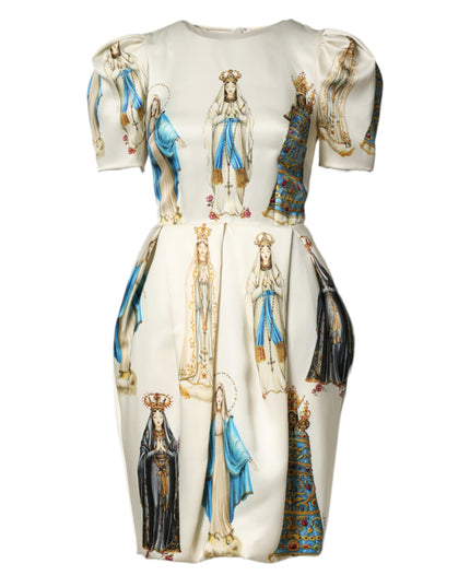 Dolce & Gabbana Beige Madonne Print Silk Short Sleeve Dress