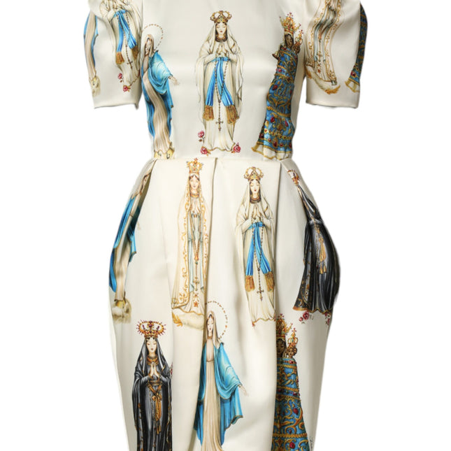 Dolce & Gabbana Beige Madonne Print Silk Short Sleeve Dress