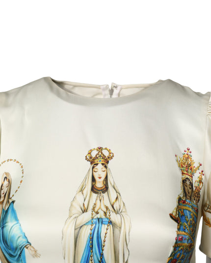 Dolce & Gabbana Beige Madonne Print Silk Short Sleeve Dress