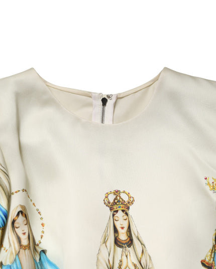 Dolce & Gabbana Beige Madonne Print Silk Short Sleeve Dress