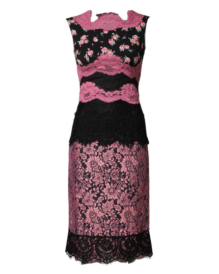 Dolce & Gabbana Black Pink Floral Lace Silk Sheath Dress