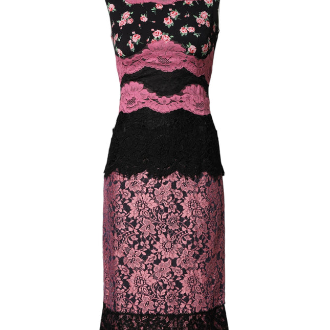 Dolce & Gabbana Black Pink Floral Lace Silk Sheath Dress