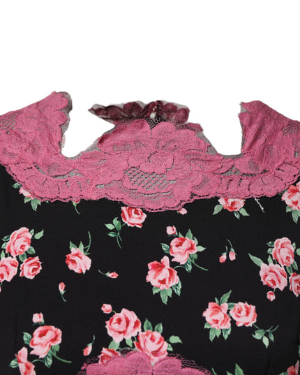 Dolce & Gabbana Black Pink Floral Lace Silk Sheath Dress