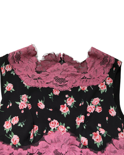 Dolce & Gabbana Black Pink Floral Lace Silk Sheath Dress