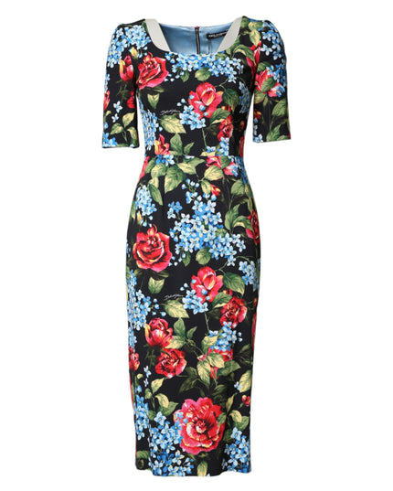 Dolce & Gabbana Black Floral Print Viscose Sheath Midi Dress