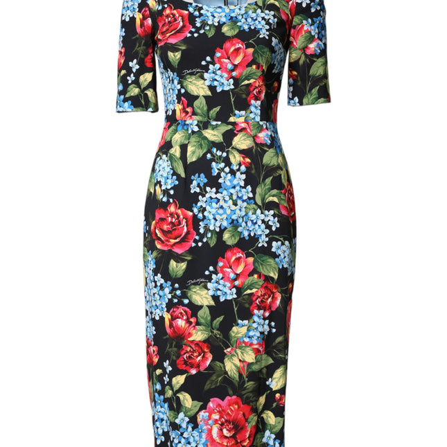 Dolce & Gabbana Black Floral Print Viscose Sheath Midi Dress