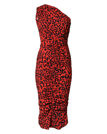 Dolce & Gabbana Red Leopard Print Nylon Sheath Midi Dress