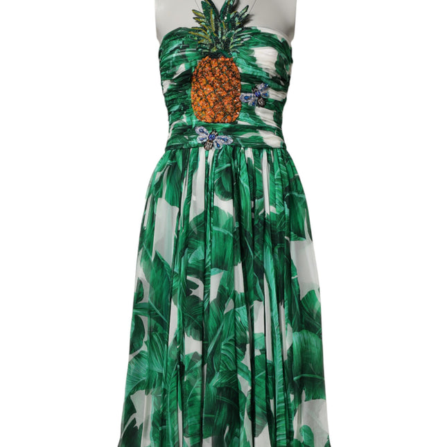 Dolce & Gabbana Green Pineapple Embellished BananaLeaf Dress