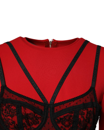 Dolce & Gabbana Black Red Contrasting Bra Cady Midi Dress
