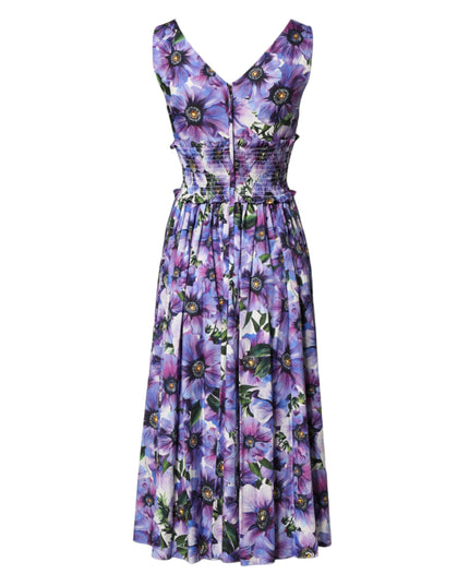 Dolce & Gabbana Purple Anemone Print Pleated Midi Dress