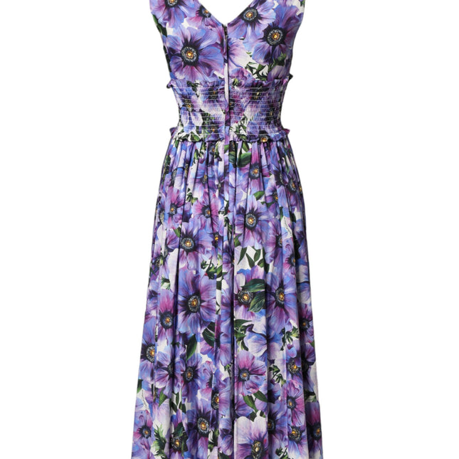 Dolce & Gabbana Purple Anemone Print Pleated Midi Dress
