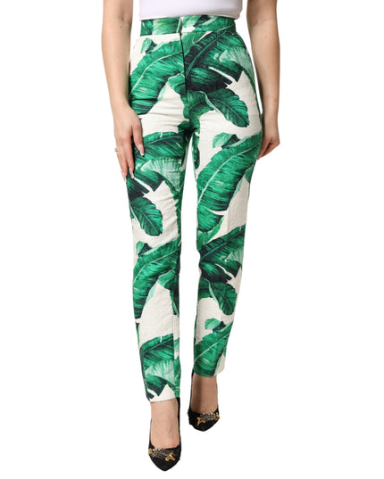 Dolce & Gabbana White Green Leaf High Waist Trousers Pants