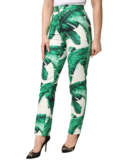 Dolce & Gabbana White Green Leaf High Waist Trousers Pants