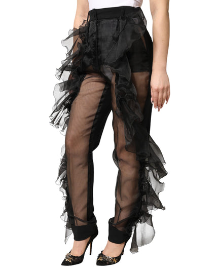 Dolce & Gabbana Black High Waist Tulle Wool Trouser Pants