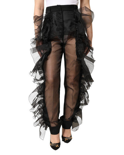 Dolce & Gabbana Black High Waist Tulle Wool Trouser Pants