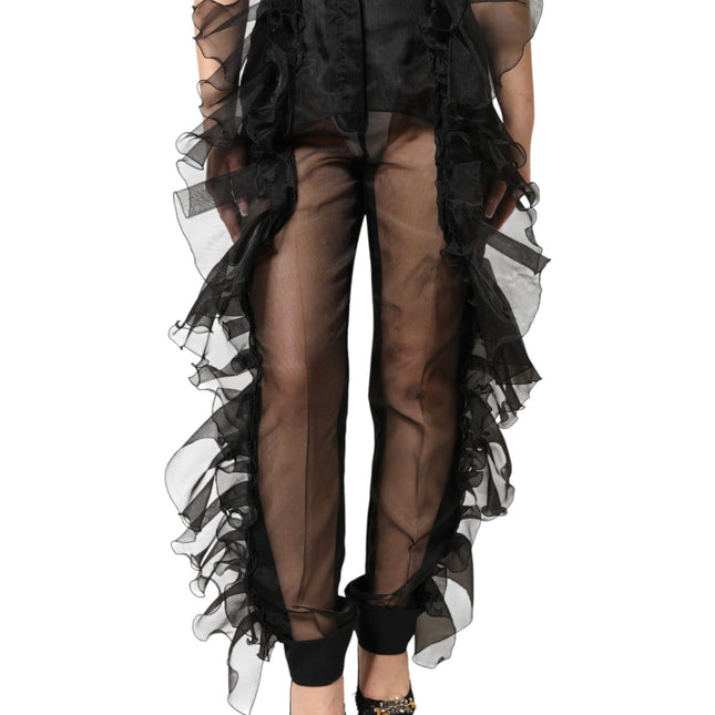 Dolce & Gabbana Black High Waist Tulle Wool Trouser Pants