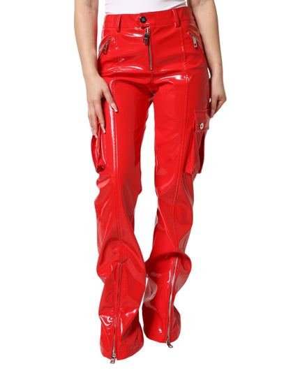 Dolce & Gabbana Red Glossy Polyester Cargo Boot Cut Pants