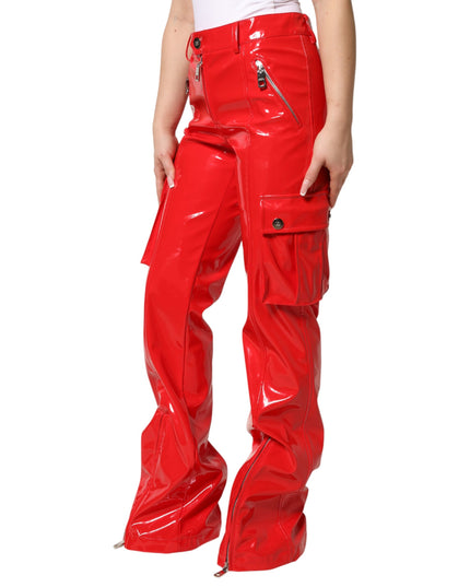 Dolce & Gabbana Red Glossy Polyester Cargo Boot Cut Pants