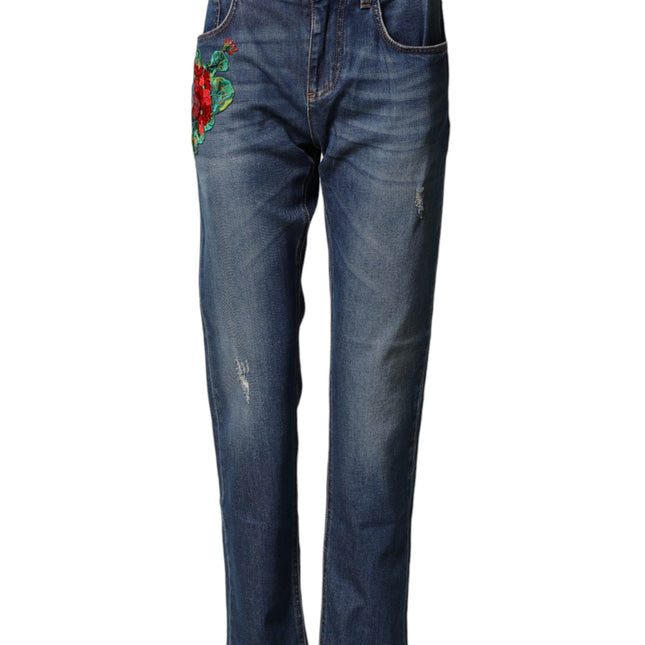 Dolce & Gabbana Blue Floral Embroidered BOYFRIEND Denim Jeans
