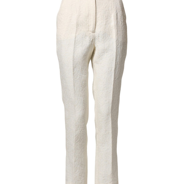 Dolce & Gabbana White Cotton Floral Brocade Dress Pants