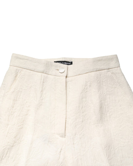 Dolce & Gabbana White Cotton Floral Brocade Dress Pants
