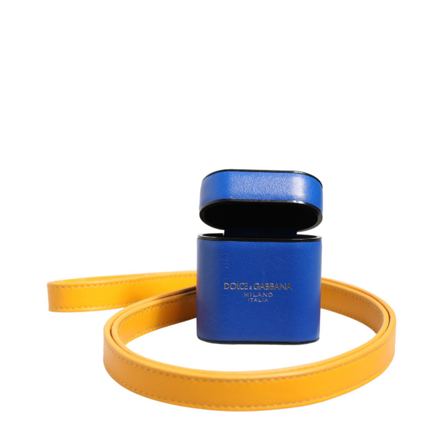 Dolce & Gabbana Blue Yellow Calfskin Leather Logo Strap Men Airpods Case