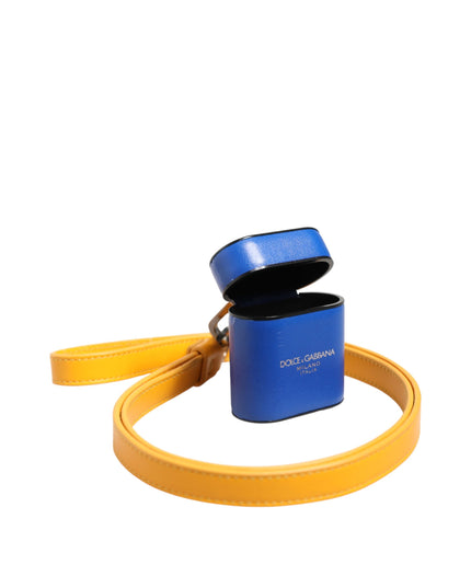 Dolce & Gabbana Blue Yellow Calfskin Leather Logo Strap Men Airpods Case