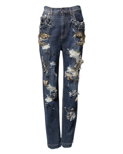 Dolce & Gabbana Blue Cotton Rhinestone Embellish Denim Jeans