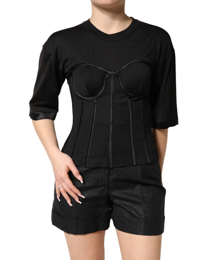 Dolce & Gabbana Black Cotton Bustier Corset Short Sleeves T-shirt