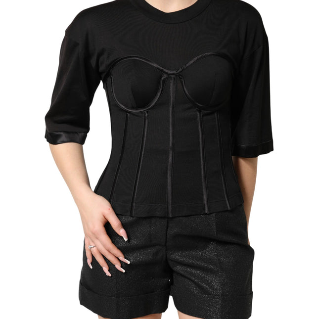 Dolce & Gabbana Black Cotton Bustier Corset Short Sleeves T-shirt