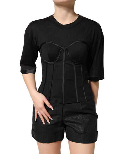 Dolce & Gabbana Black Cotton Bustier Corset Short Sleeves T-shirt