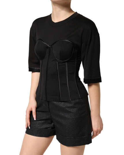 Dolce & Gabbana Black Cotton Bustier Corset Short Sleeves T-shirt