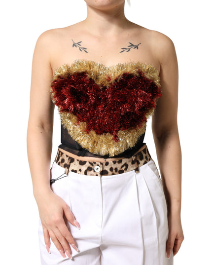Dolce & Gabbana Black Gold Heart Bustier Corset Tinsel Top
