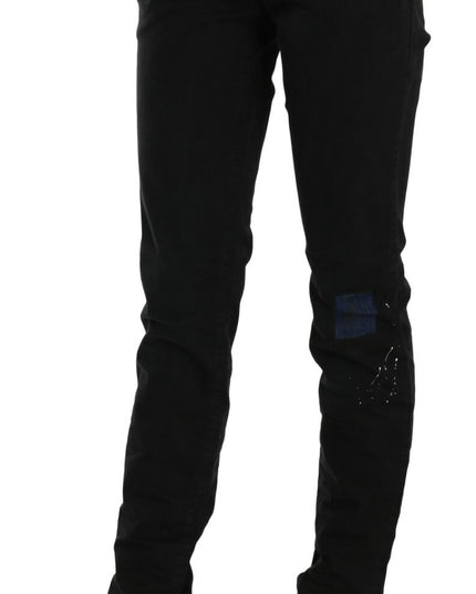 John Galliano Black Low Waist White Paint Skinny Denim Pants Jeans