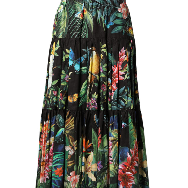 Dolce & Gabbana Black Cotton Floral High Waist Midi Skirt